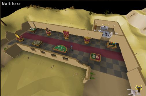 The casino hall inside the classic Duel Arena, with its game tables and red carpet