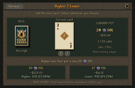 Higher / Lower as it appears inside Sand Arena